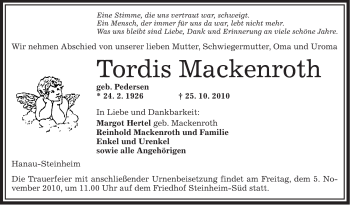 Traueranzeige von Tordis Mackenroth von OFFENBACH-POST/HANAU-POST