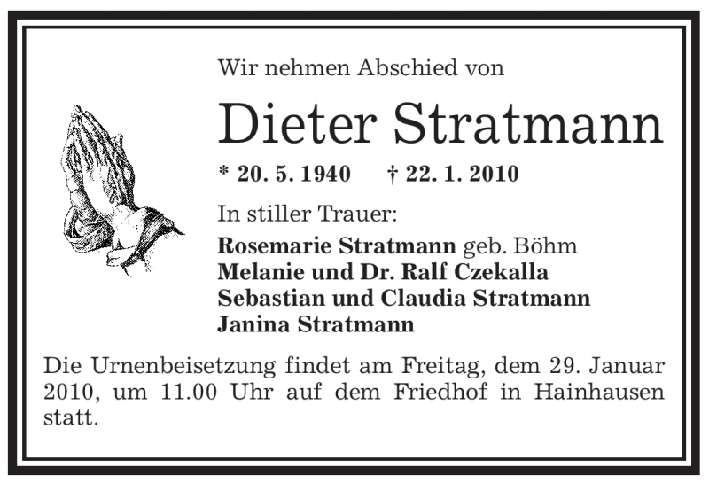  Traueranzeige für Dieter Stratmann vom 26.01.2010 aus OFFENBACH-POST/HANAU-POST