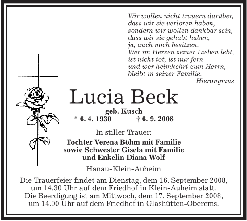Traueranzeigen von Lucia Beck | trauer.op-online.de