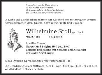 Traueranzeige von Wilhelmine Stoll von OFFENBACH-POST/HANAU-POST