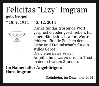 Traueranzeige von Felicitas Imgram von Offenbach