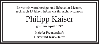 Traueranzeige von Philipp Kaiser von OFFENBACH-POST/HANAU-POST