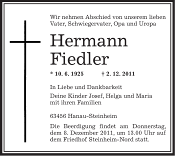 Traueranzeige von Hermann Fiedler von OFFENBACH-POST/HANAU-POST