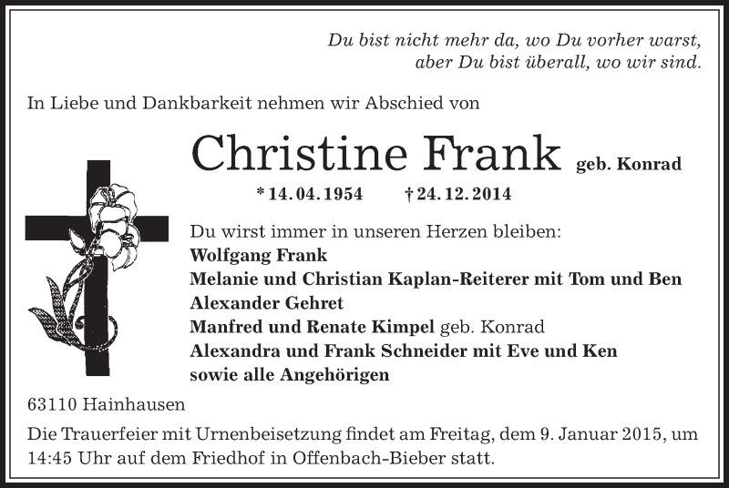  Traueranzeige für Christine Frank vom 03.01.2015 aus Offenbach
