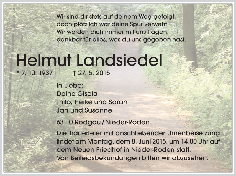  Traueranzeige für Helmut Landsiedel vom 03.06.2015 aus Offenbach
