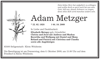 Traueranzeige von Adam Metzger von OFFENBACH-POST/HANAU-POST