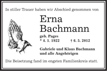 Traueranzeige von Erna Bachmann von OFFENBACH-POST/HANAU-POST