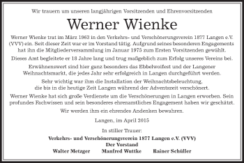 Traueranzeige von Werner Wienke von Offenbach