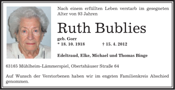 Traueranzeige von Ruth Bublies von OFFENBACH-POST/HANAU-POST