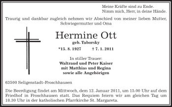 Traueranzeige von Hermine Ott von OFFENBACH-POST/HANAU-POST