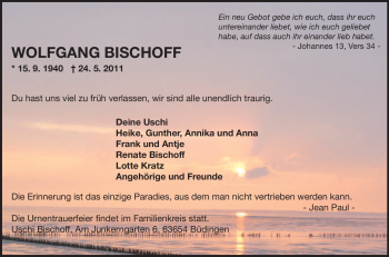 Traueranzeige von Wolfgang Bischoff von OFFENBACH-POST/HANAU-POST