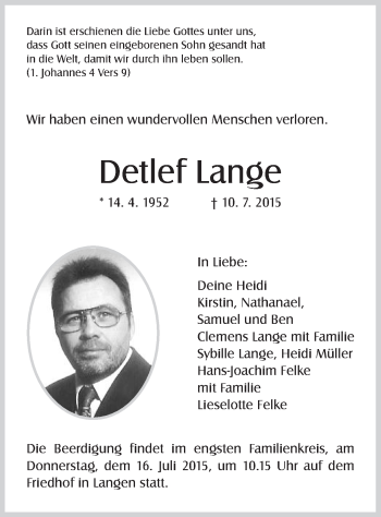 Traueranzeige von Detlef Lange von Offenbach