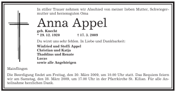 Traueranzeige von Anna Appel von OFFENBACH-POST/HANAU-POST