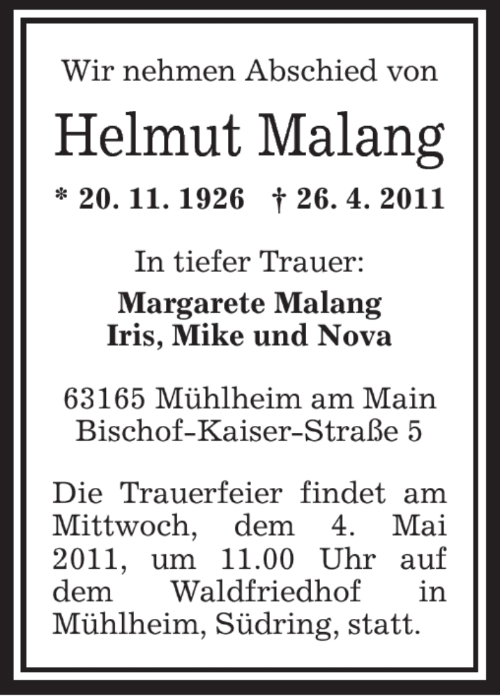  Traueranzeige für Helmut Malang vom 02.05.2011 aus OFFENBACH-POST/HANAU-POST