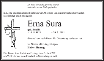 Traueranzeige von Erna Sura von OFFENBACH-POST/HANAU-POST