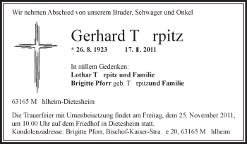 Traueranzeige von Gerhard Türpitz von OFFENBACH-POST/HANAU-POST