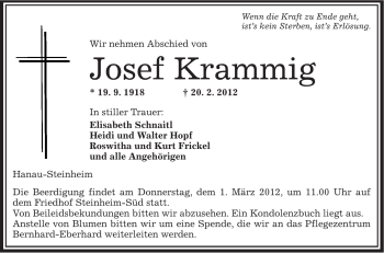 Traueranzeige von Josef Krammig von OFFENBACH-POST/HANAU-POST