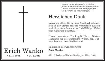 Traueranzeige von Erich Wanko von OFFENBACH-POST/HANAU-POST