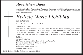 Traueranzeige von Hedwig Maria Lichtblau von OFFENBACH-POST/HANAU-POST