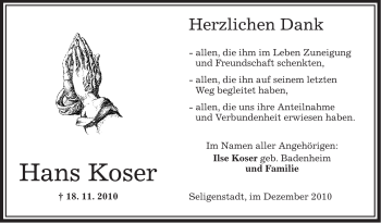 Traueranzeige von Hans Koser von OFFENBACH-POST/HANAU-POST