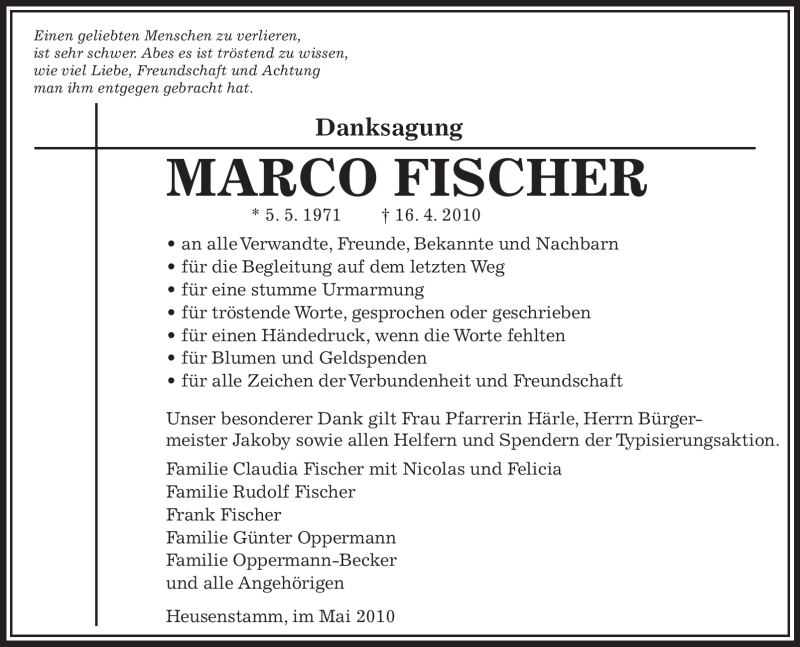  Traueranzeige für Marco Fischer vom 26.05.2010 aus OFFENBACH-POST/HANAU-POST
