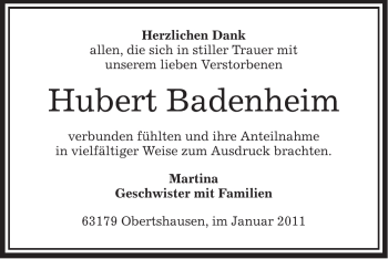 Traueranzeige von Hubert Badenheim von OFFENBACH-POST/HANAU-POST