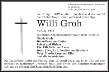 Traueranzeige von Willi Groh von OFFENBACH-POST/HANAU-POST