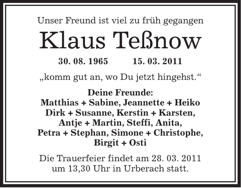  Traueranzeige für Klaus Teßnow vom 24.03.2011 aus OFFENBACH-POST/HANAU-POST