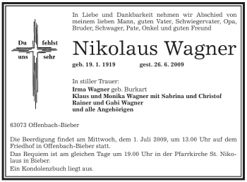 Traueranzeige von Nikolaus Wagner von OFFENBACH-POST/HANAU-POST