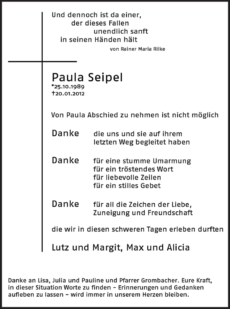  Traueranzeige für Paula Seipel vom 11.02.2012 aus OFFENBACH-POST/HANAU-POST