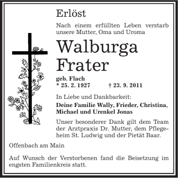 Traueranzeige von Walburga Frater von OFFENBACH-POST/HANAU-POST