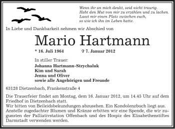 Traueranzeige von Mario Hartmann von OFFENBACH-POST/HANAU-POST