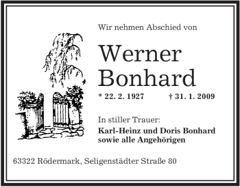 Traueranzeige von Werner Bonhard von OFFENBACH-POST/HANAU-POST