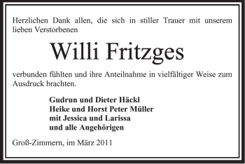 Traueranzeige von Willi Fritzges von OFFENBACH-POST/HANAU-POST