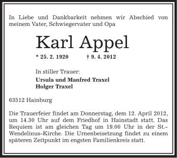 Traueranzeige von Karl Appel von OFFENBACH-POST/HANAU-POST