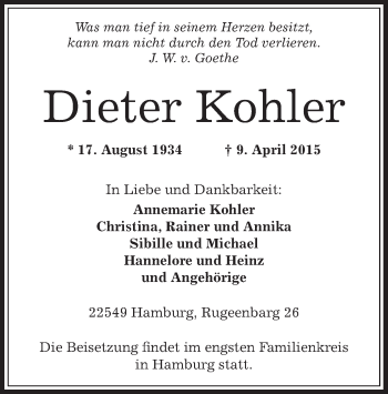 Traueranzeige von Dieter Kohler von Offenbach