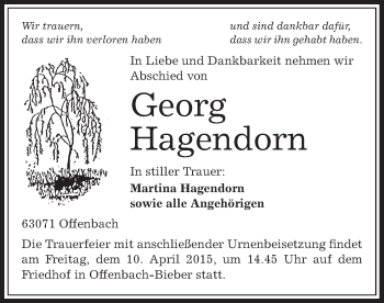 Traueranzeige von George Hagendorn von Offenbach