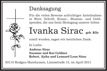 Traueranzeige von Ivanka Sirac von OFFENBACH-POST/HANAU-POST