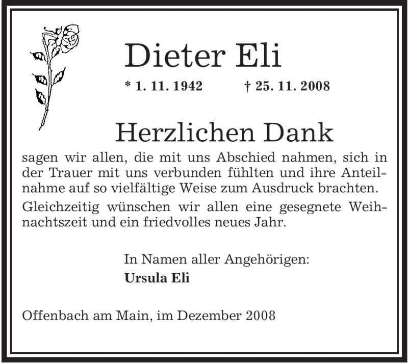  Traueranzeige für Dieter Eli vom 20.12.2008 aus OFFENBACH-POST/HANAU-POST