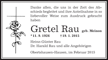 Traueranzeige von Gretel Rau von Offenbach