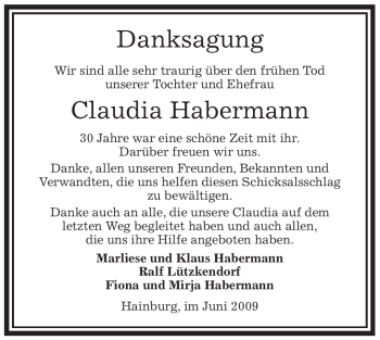 Traueranzeige von Claudia Habermann von OFFENBACH-POST/HANAU-POST