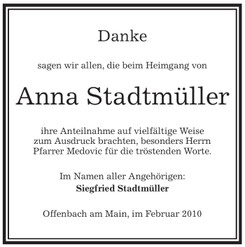 Traueranzeige von Anna Stadtmüller von OFFENBACH-POST/HANAU-POST