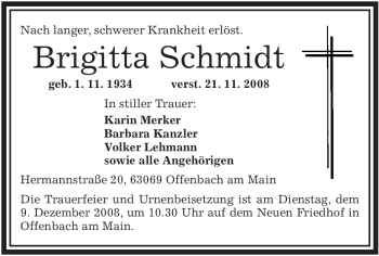 Traueranzeige von Brigitta Schmidt von OFFENBACH-POST/HANAU-POST