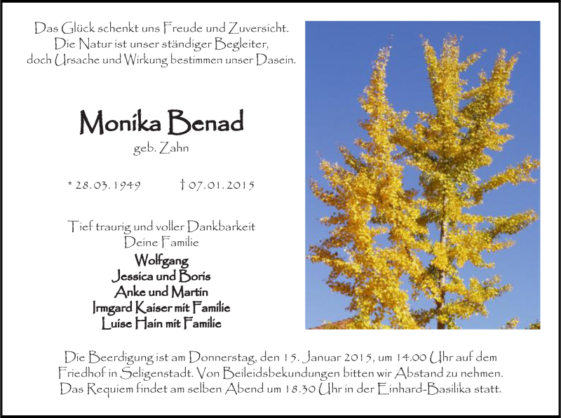  Traueranzeige für Monika Benad vom 10.01.2015 aus Offenbach