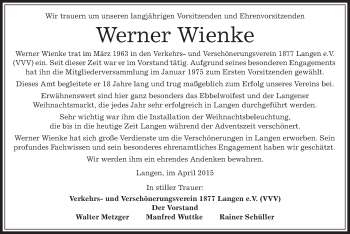 Traueranzeige von Werner Wienke von Offenbach