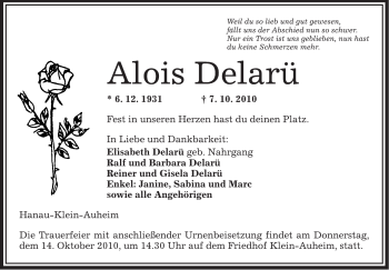 Traueranzeige von Alois Delarü von OFFENBACH-POST/HANAU-POST