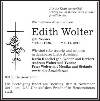 Traueranzeige von Edith Wolter von OFFENBACH-POST/HANAU-POST