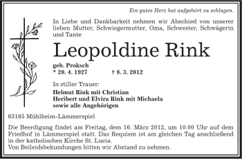 Traueranzeige von Leopoldine Rink von OFFENBACH-POST/HANAU-POST