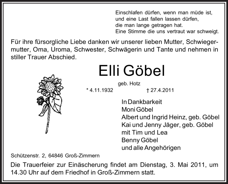 Traueranzeige für Elli Göbel vom 30.04.2011 aus OFFENBACH-POST/HANAU-POST