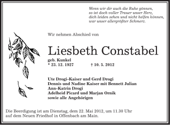 Traueranzeige von Liesbeth Constabel von OFFENBACH-POST/HANAU-POST